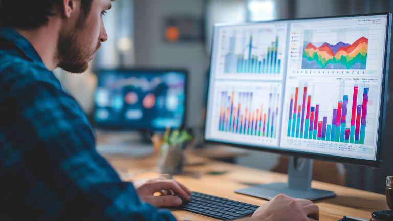 Professional analyzing carbon and energy performance charts on multiple monitors