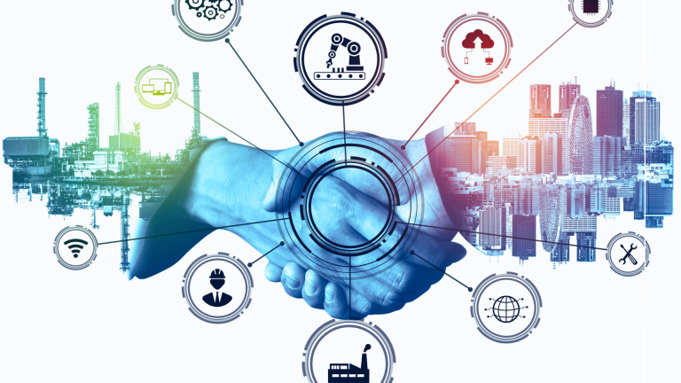 Industrial and city skyline overlaid with connected technology and innovation icons