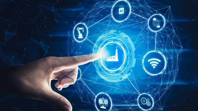 Hand touching a digital interface with AI and smart building technology icons