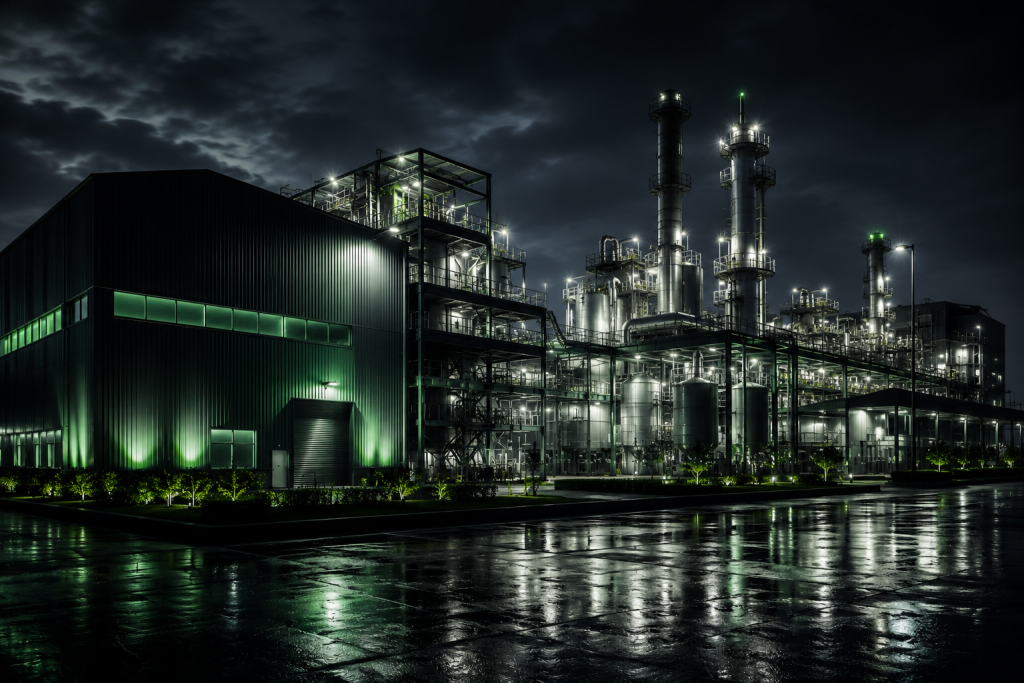 Industrial manufacturing facility with chimneys and structural steelwork at night