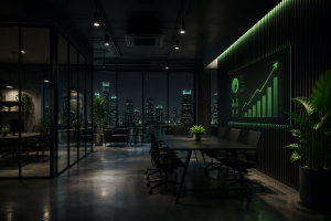 Modern office interior at night with city skyline view and performance growth chart on screen