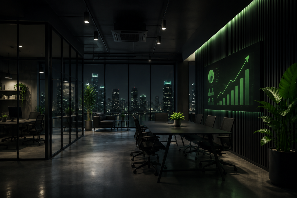 Modern office meeting room at night with city skyline view and growth chart on screen