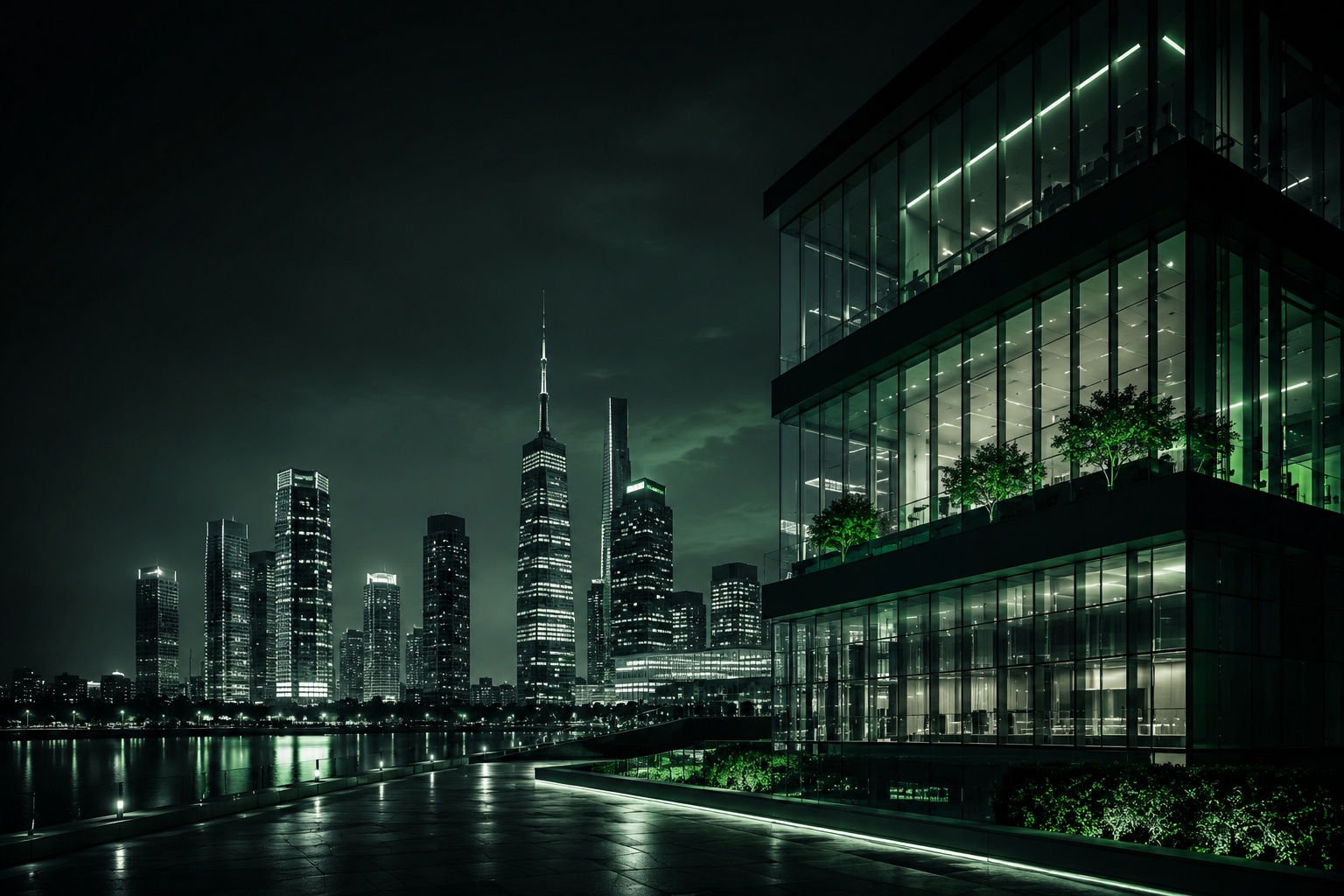City skyline at night with glass commercial towers reflecting on the waterfront