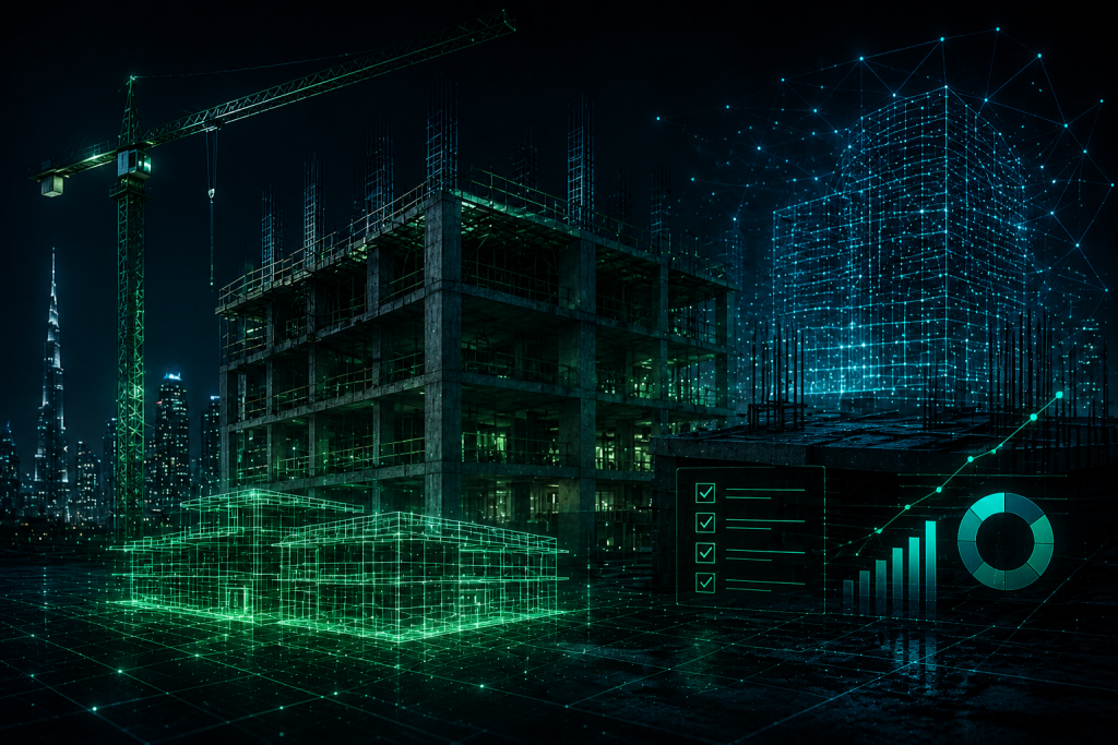 Construction site at night transitioning into a digital building model with data overlays