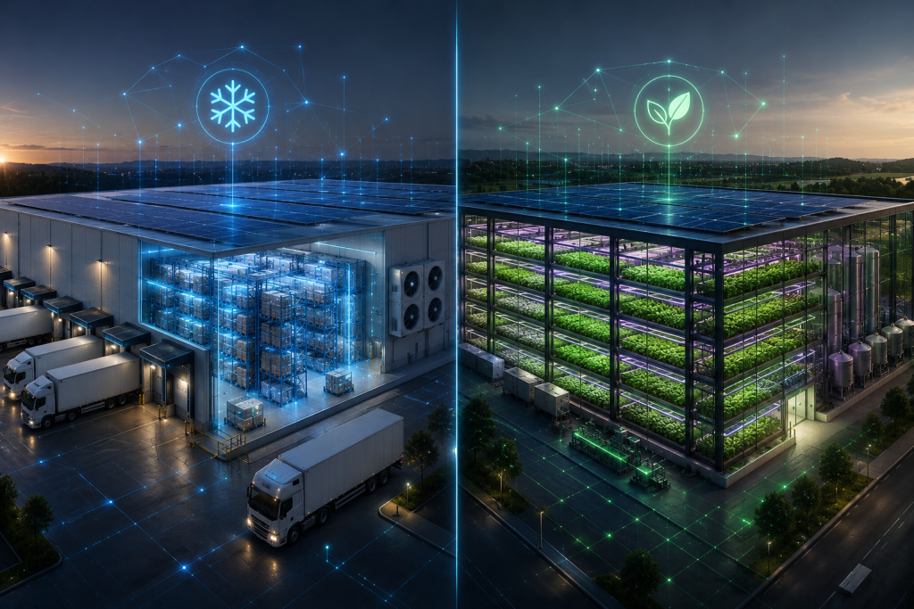Cold storage warehouse and vertical farm facility with digital sustainability icons overlaid