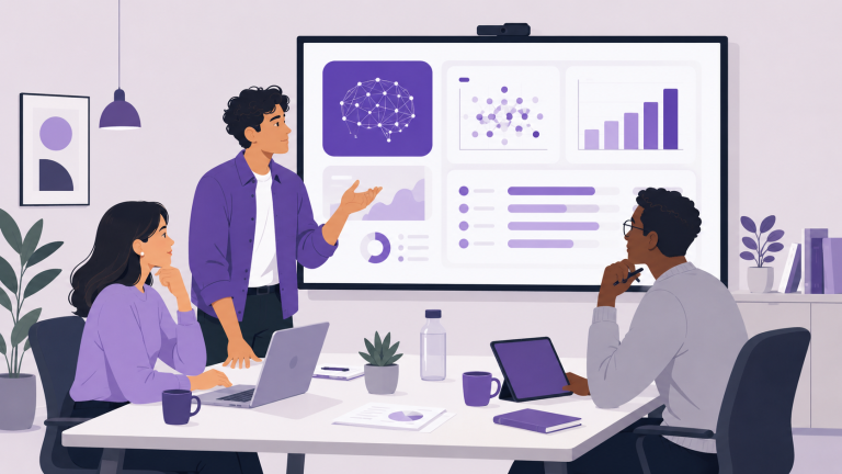 Illustration of a team collaborating on performance data and capability development in a workshop