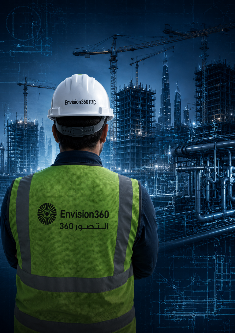 Engineer wearing Envision360 branded hard hat and safety vest, with Dubai construction site and digital blueprint overlay in background