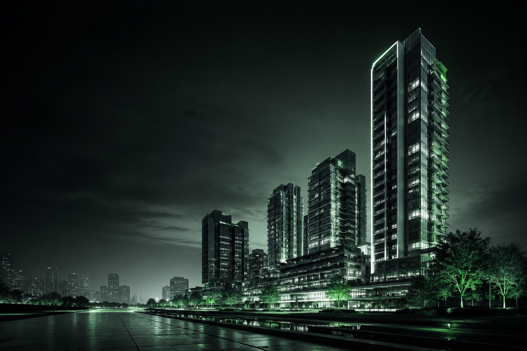 High-rise residential and commercial towers illuminated at night, representing developer and asset owner projects