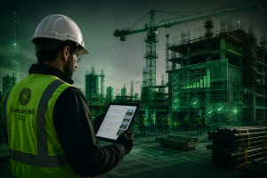Engineer wearing Envision360 branded hard hat and safety vest reviewing tablet at a construction site