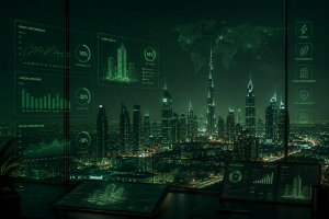 Dubai skyline at night with building performance data and analytics overlays