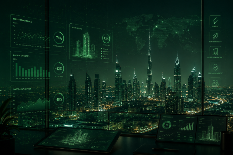 Dubai skyline at night with building performance data and analytics overlays