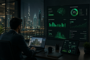 Professional reviewing AI-powered building performance dashboards on multiple screens overlooking Dubai skyline