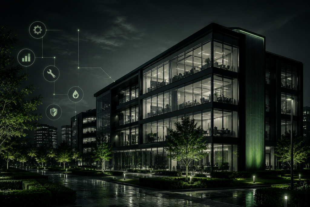 Modern commercial building at night with performance and sustainability icons overlaid, representing portfolio performance